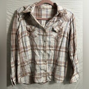 Nikki Erin Western Plaid Shirt Pearl Snaps Pink&Brown Size Small
